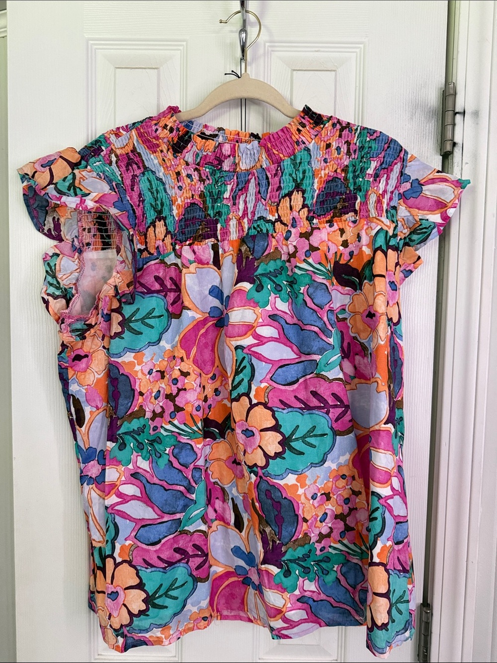 Floral Smocked Cap Sleeve Blouse in Pink Multi